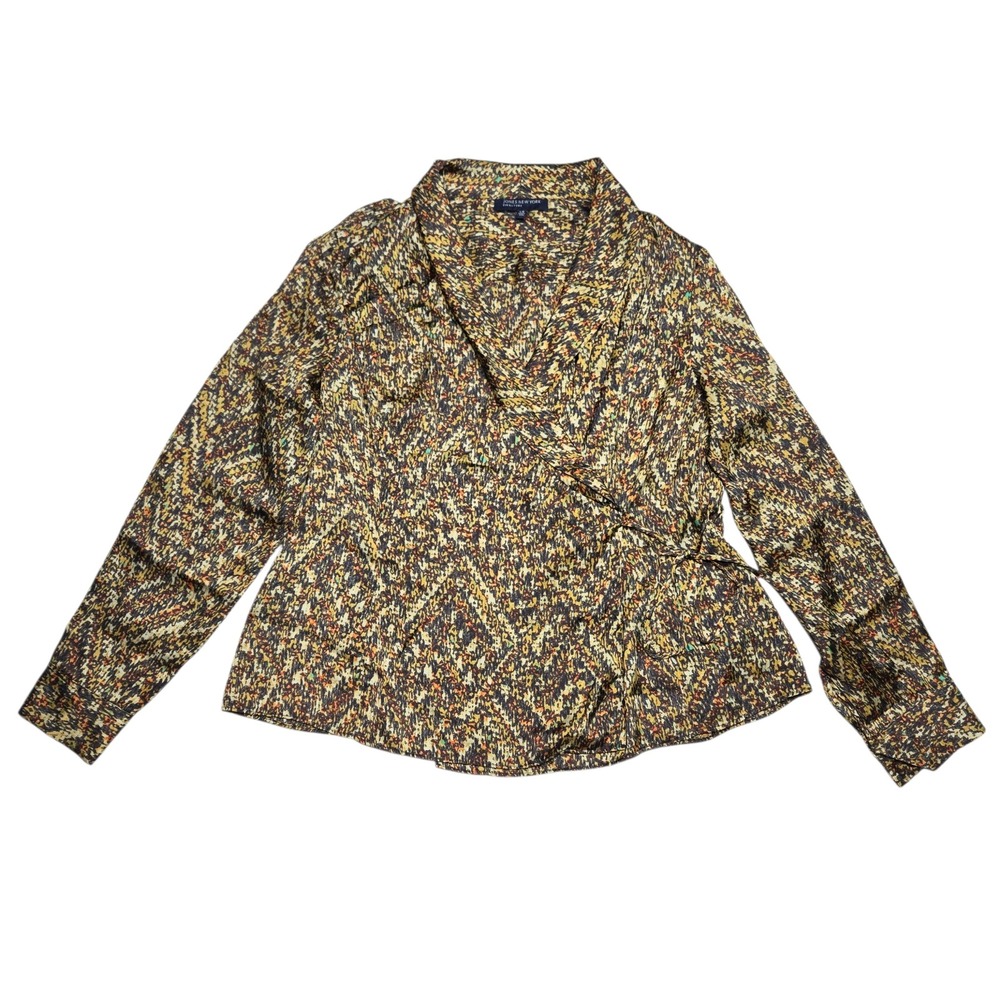 Jones New York Wrap Top Womens Large Brown Abstract Print Long‎ Sleeve Signature